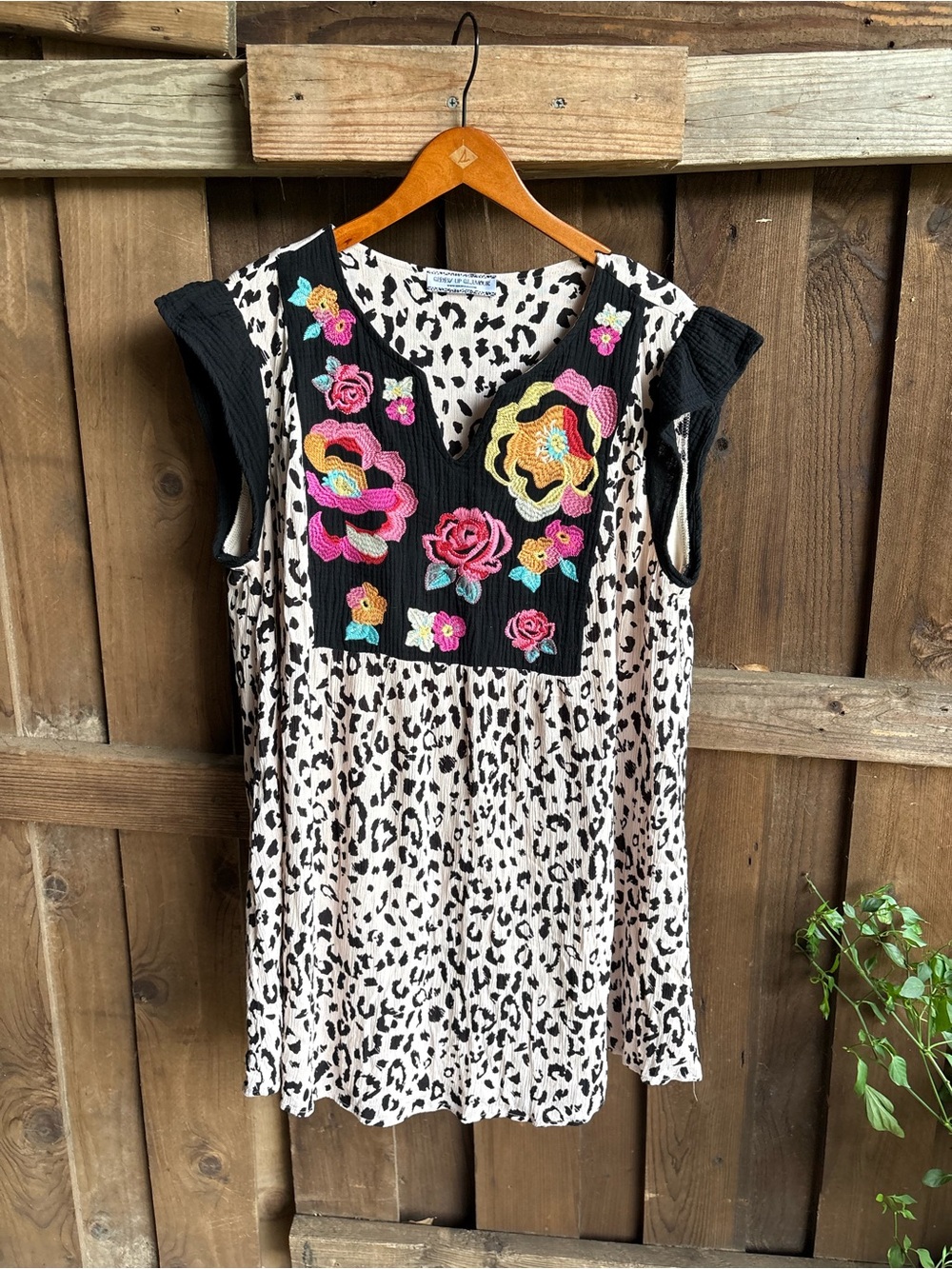 Giddy Up Glamour Animal Print Floral Embroidered Swing Tunic